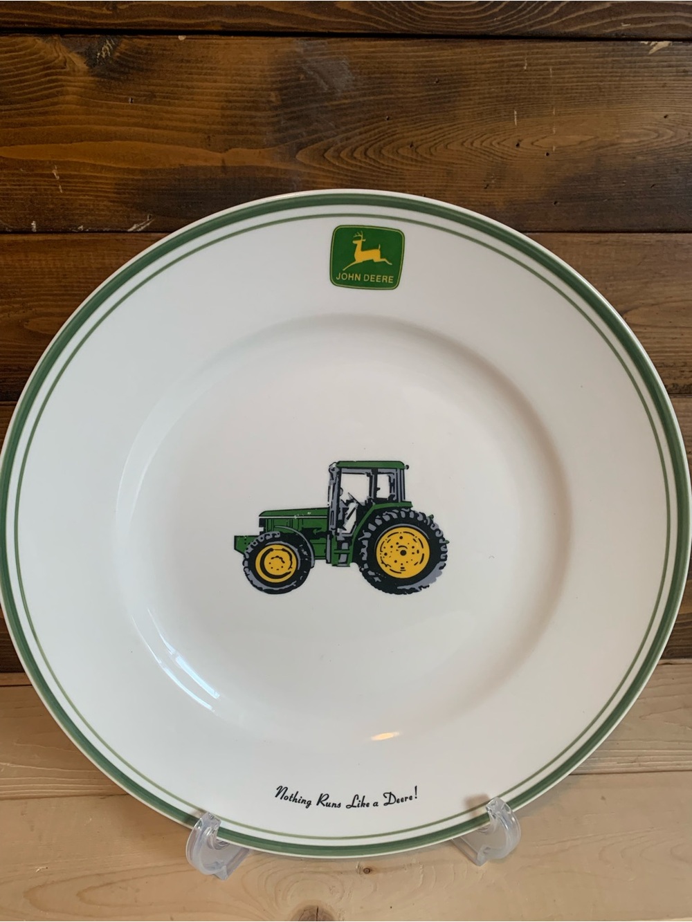 John Deere White Plate with Green and Yellow Tractor Motif